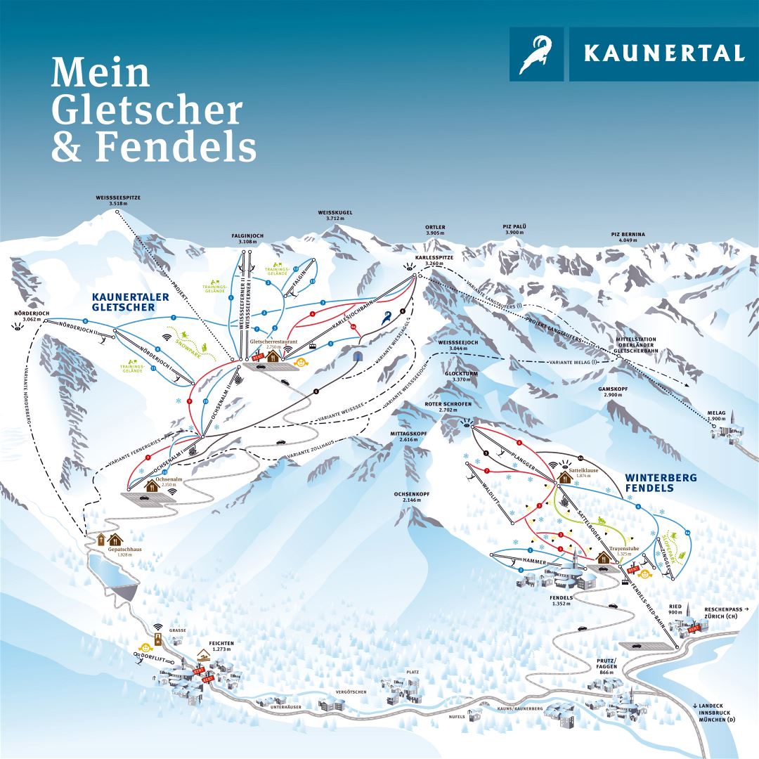 Large detailed piste map of Gletscher - Fendels, Kaunertal Ski Resort - 2016