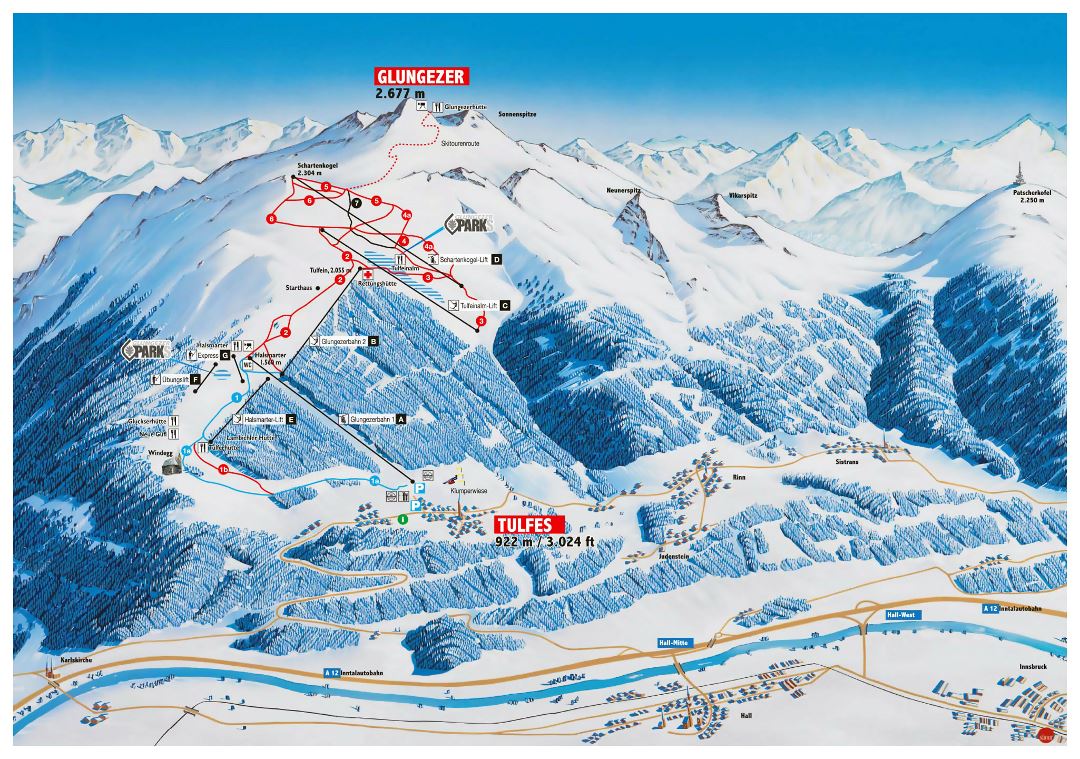 Large detailed piste map of Glungezer, Innsbruck Ski Resort