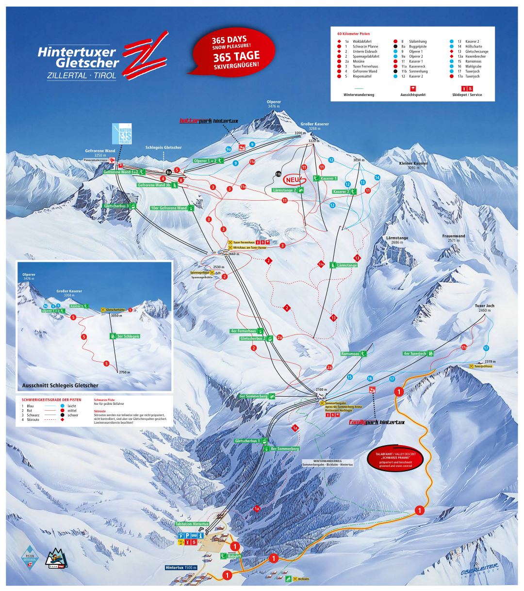 Large detailed piste map of Hintertux Glacier (Hintertuxer Gletscher), Zillertal Valley Ski Resort - 2016