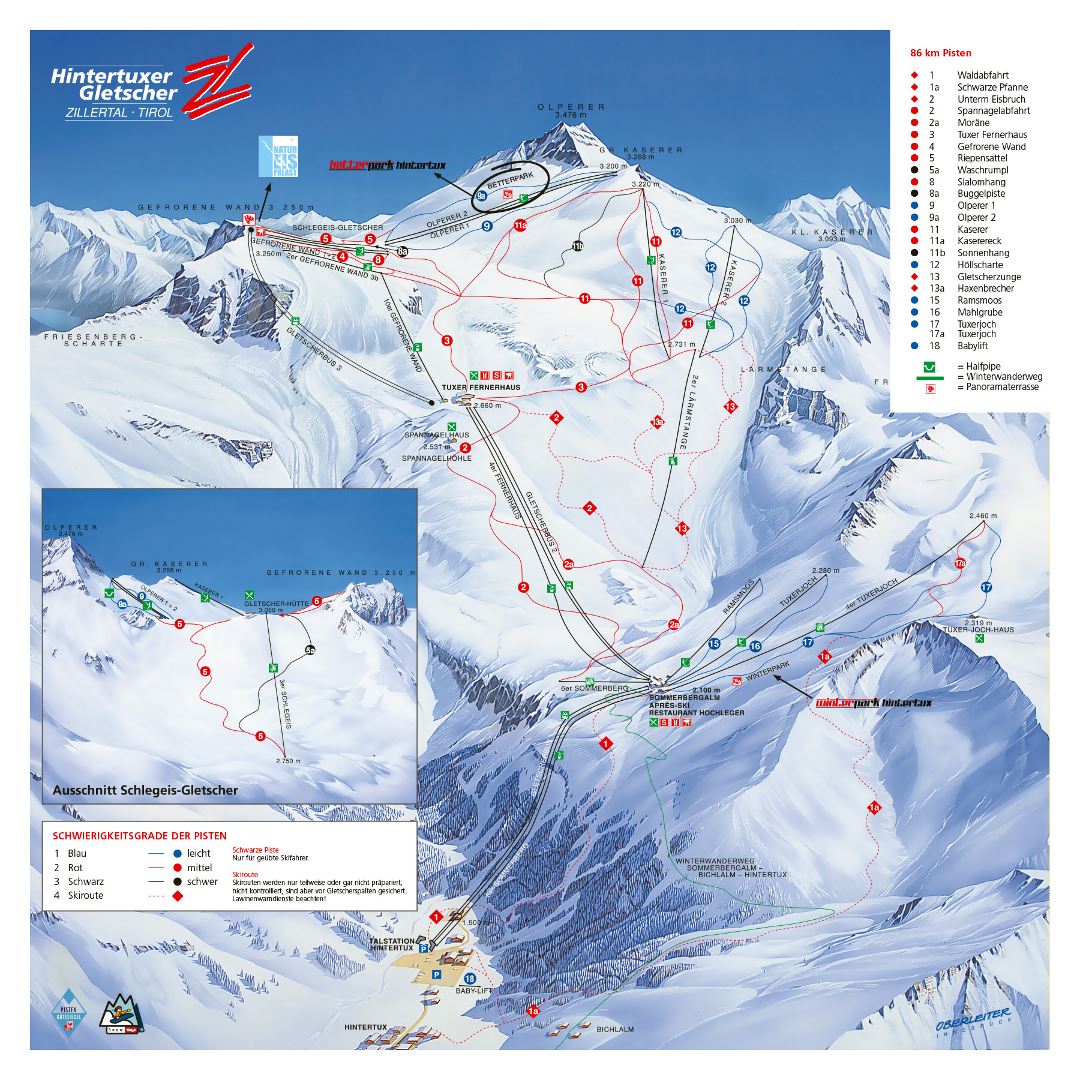 Large detailed piste map of Hintertux Glacier, Zillertal Valley Ski Resort - 2012