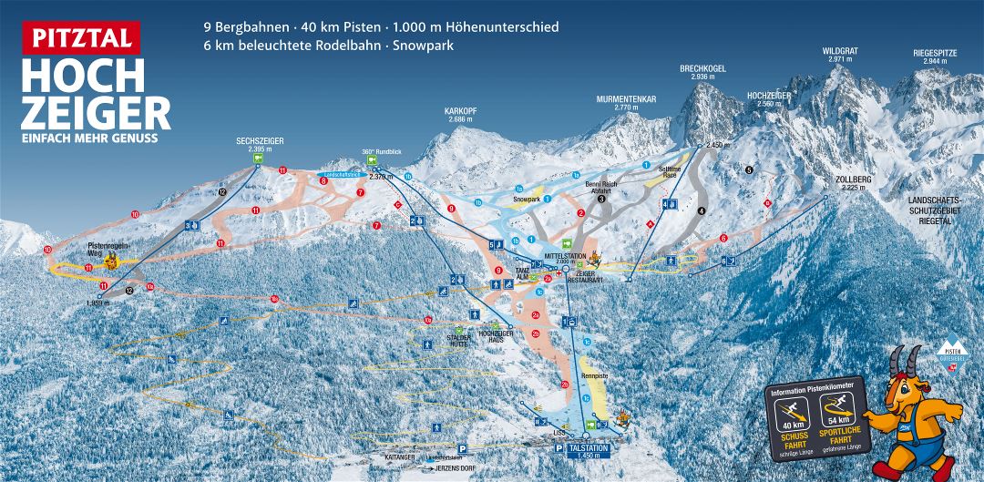 Large detailed piste map of HochZeiger Ski Resort, Pitztal Ski Area - 2016