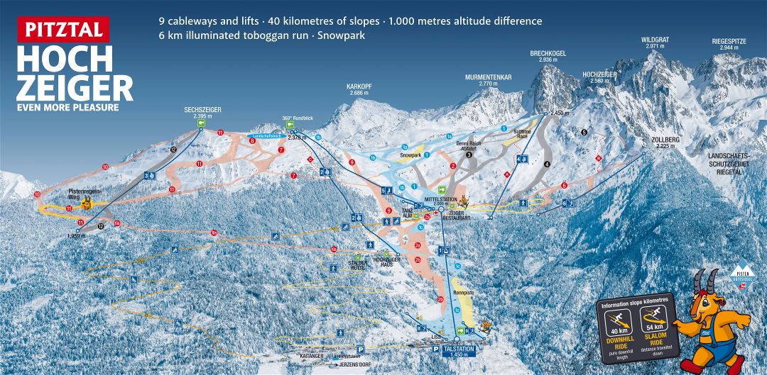 Large detailed piste map of HochZeiger Ski Resort, Pitztal Ski Area - 2017
