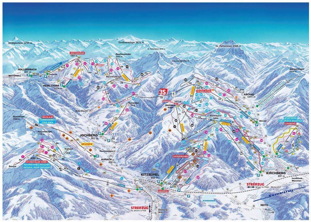 Large detailed piste map of Hollersbach, Jochberg, Kitzbuhel, Kirchberg, Aschau - SkiWelt Ski Resort