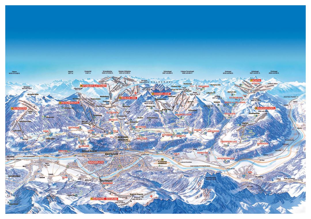 Large detailed piste map of Innsbruck Ski Resort