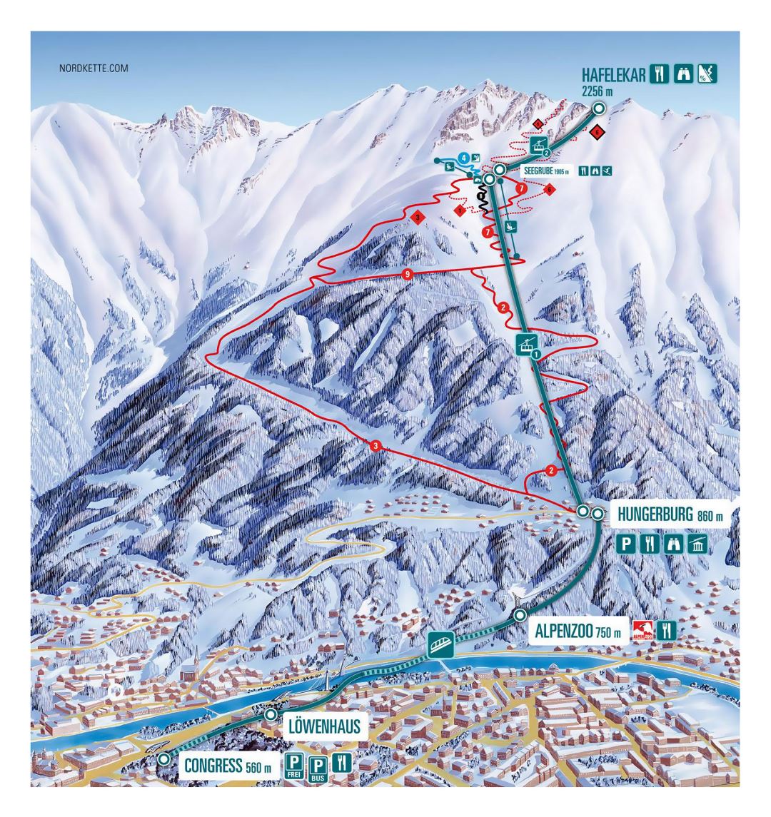 Large detailed piste map of Innsbrucker Nordkette, Innsbruck Ski Resort