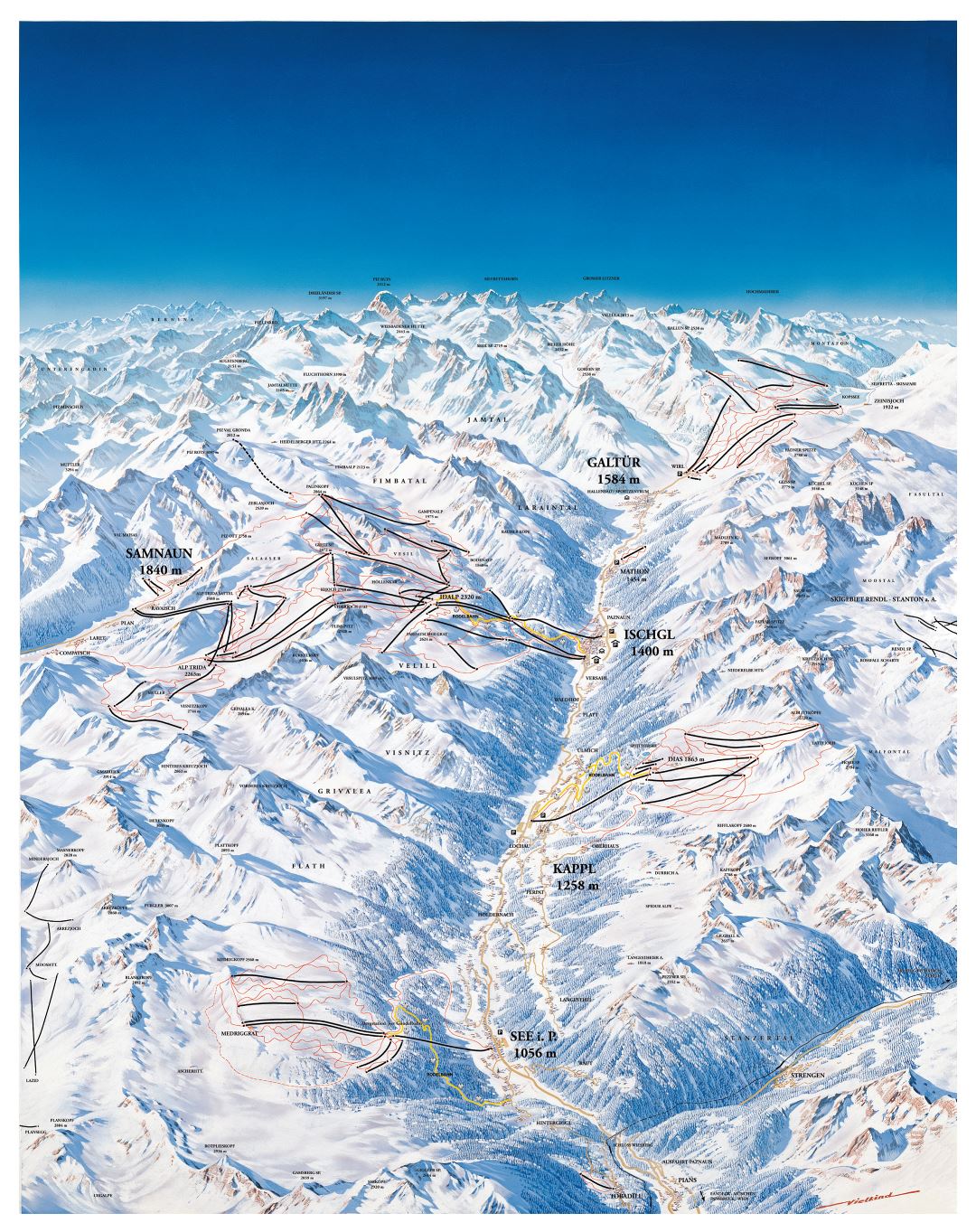Large detailed piste map of Ischgl, Samnaun, Galtur, Kappl and See resorts, Silvretta Arena Ski Region - 2008