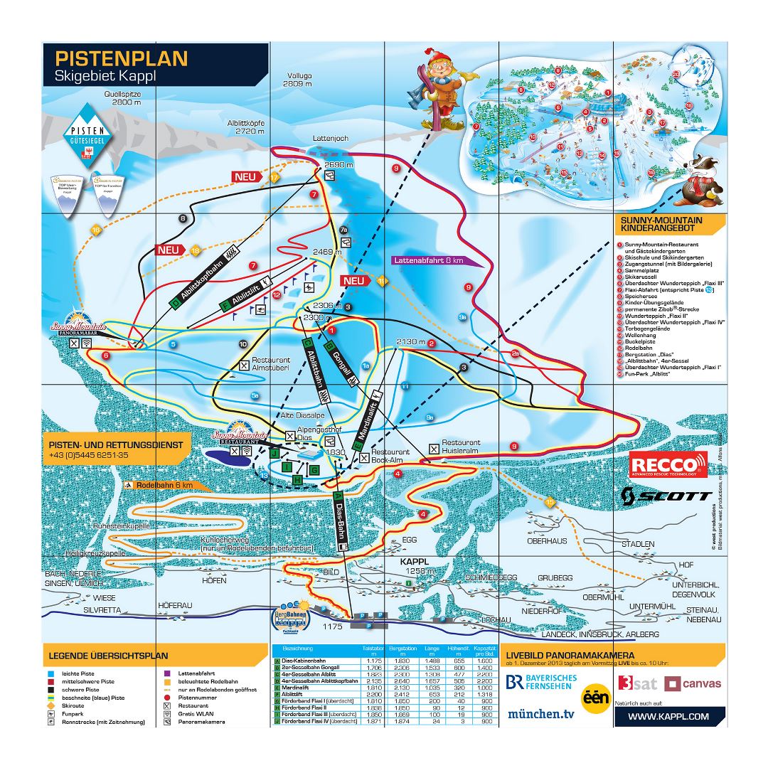 Large detailed piste map of Kappl resort, Silvretta Arena Ski Region - 2013