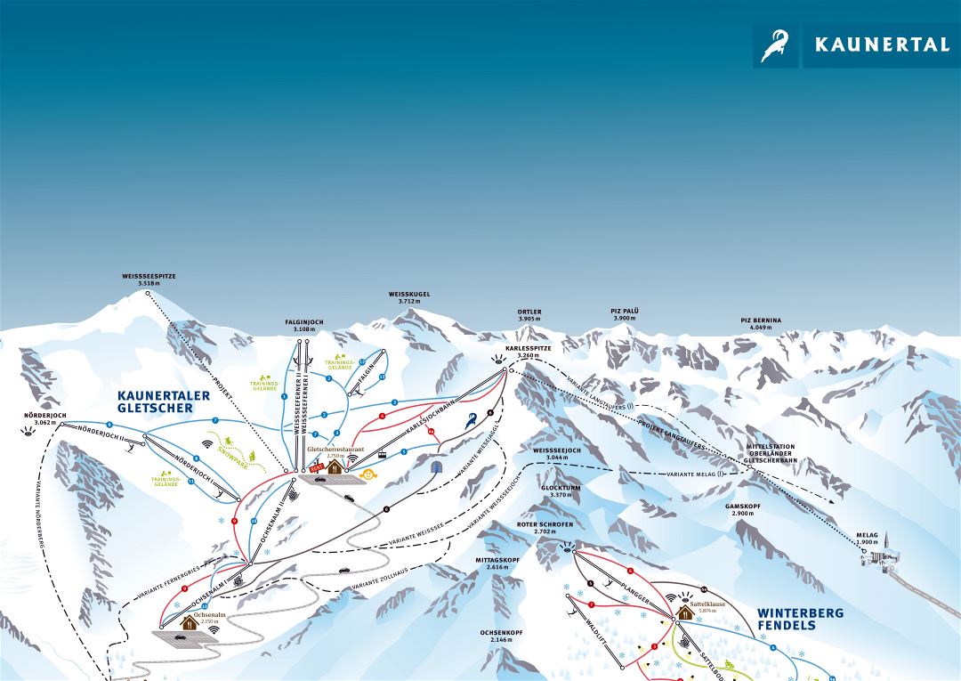 Large detailed piste map of Kaunertal Ski Resort - 2016