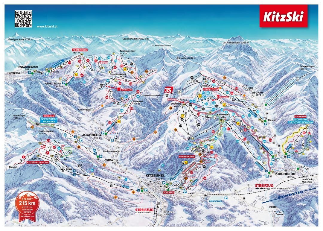 Large detailed piste map of Kirchberg Ski Area, KitzSki - 2016