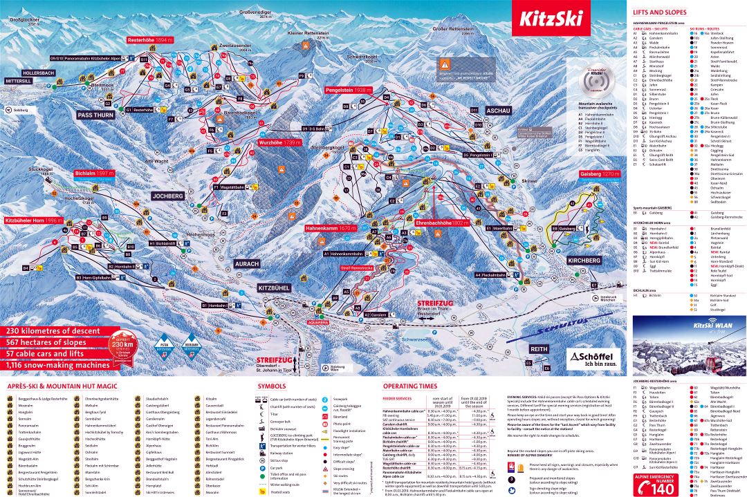 Large detailed piste map of Kitzbuhel, Kirchberg, Reith, Aurach, Jochberg, Mittersill, Hollersbach, KitzSki Ski Resort - 2018-2019