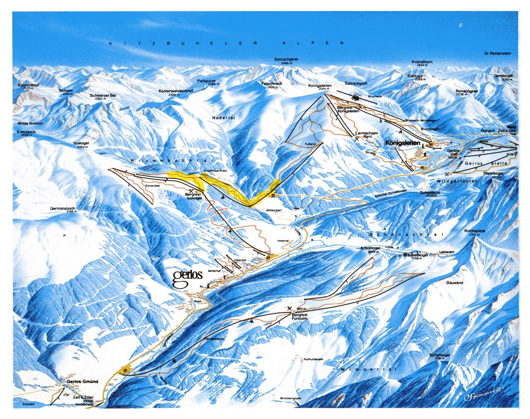 Large detailed piste map of Konigsleiten and Gerlos, Zillertal Valley - 1993