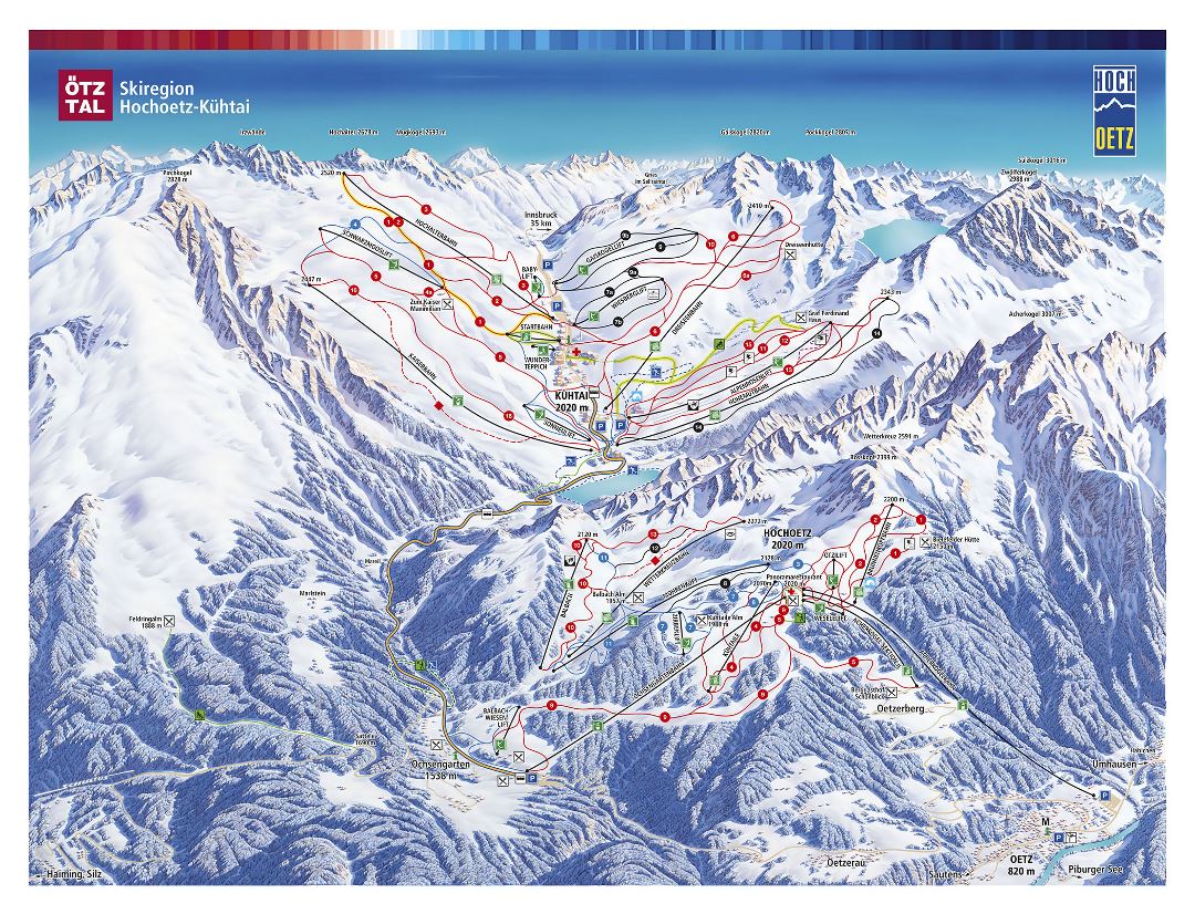 Large detailed piste map of Kuhtai, Hochoetz and Oetz Ski Area - 2015