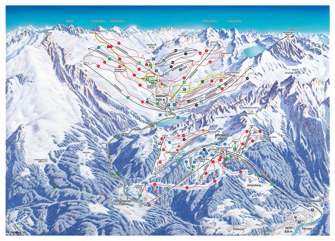 Large detailed piste map of Kuhtai, Hochoetz, Oetz Ski Area - 2019
