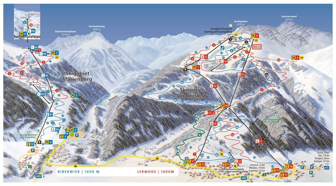 Large detailed piste map of Lermoos - Biberwier, Marienberg - Grubigstein, Zugspitz Arena Ski Resort