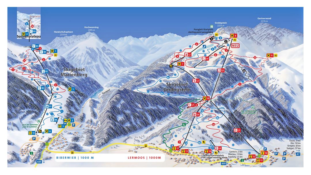 Large detailed piste map of Lermoos-Biberwier, Zugspitz Arena Ski Resort