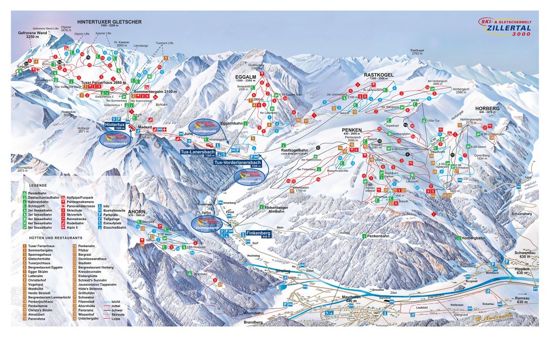 Large detailed piste map of Mayrhofen, Zillertal 3000, Zillertal Valley Ski Resort - 2012