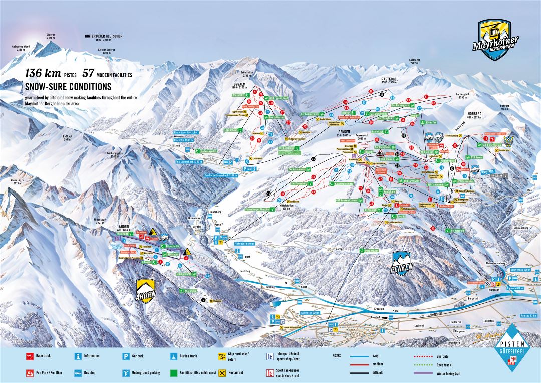 Large detailed piste map of Mayrhofner Bergbahnen, Zillertal Ski Resort - 2018
