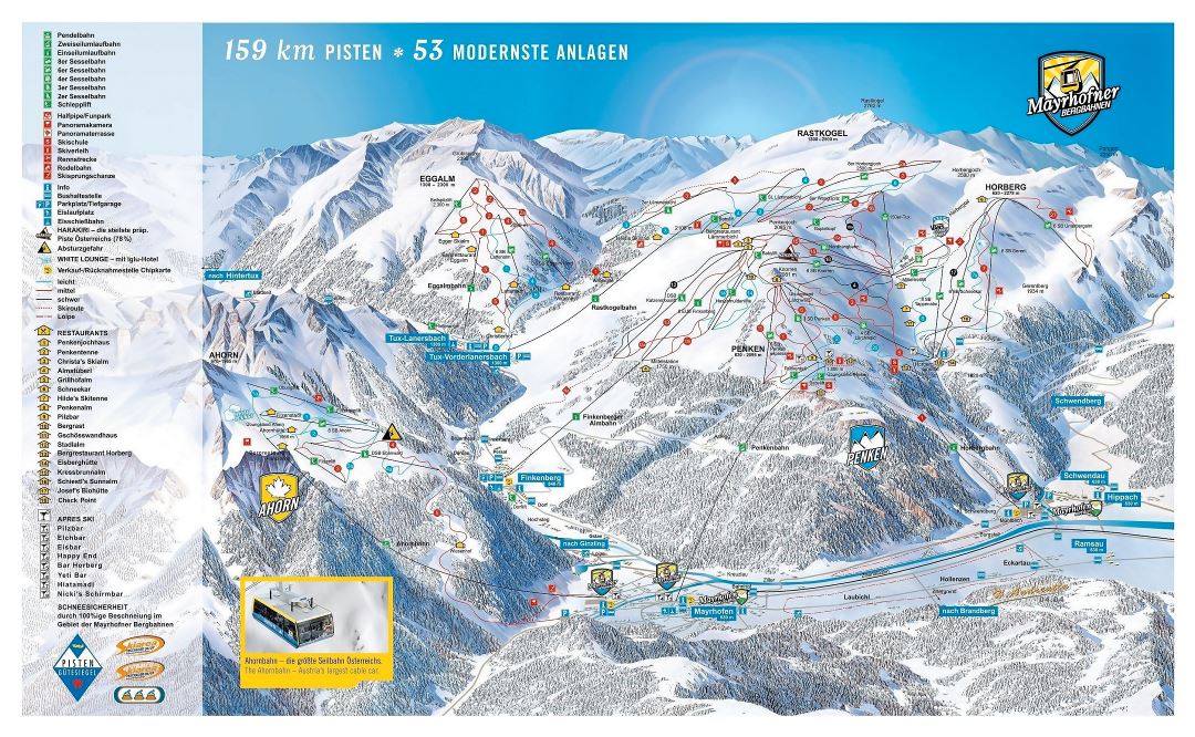 Large detailed piste map of Mayrhofner Bergbahnen, Zillertal Valley Ski Resort - 2009