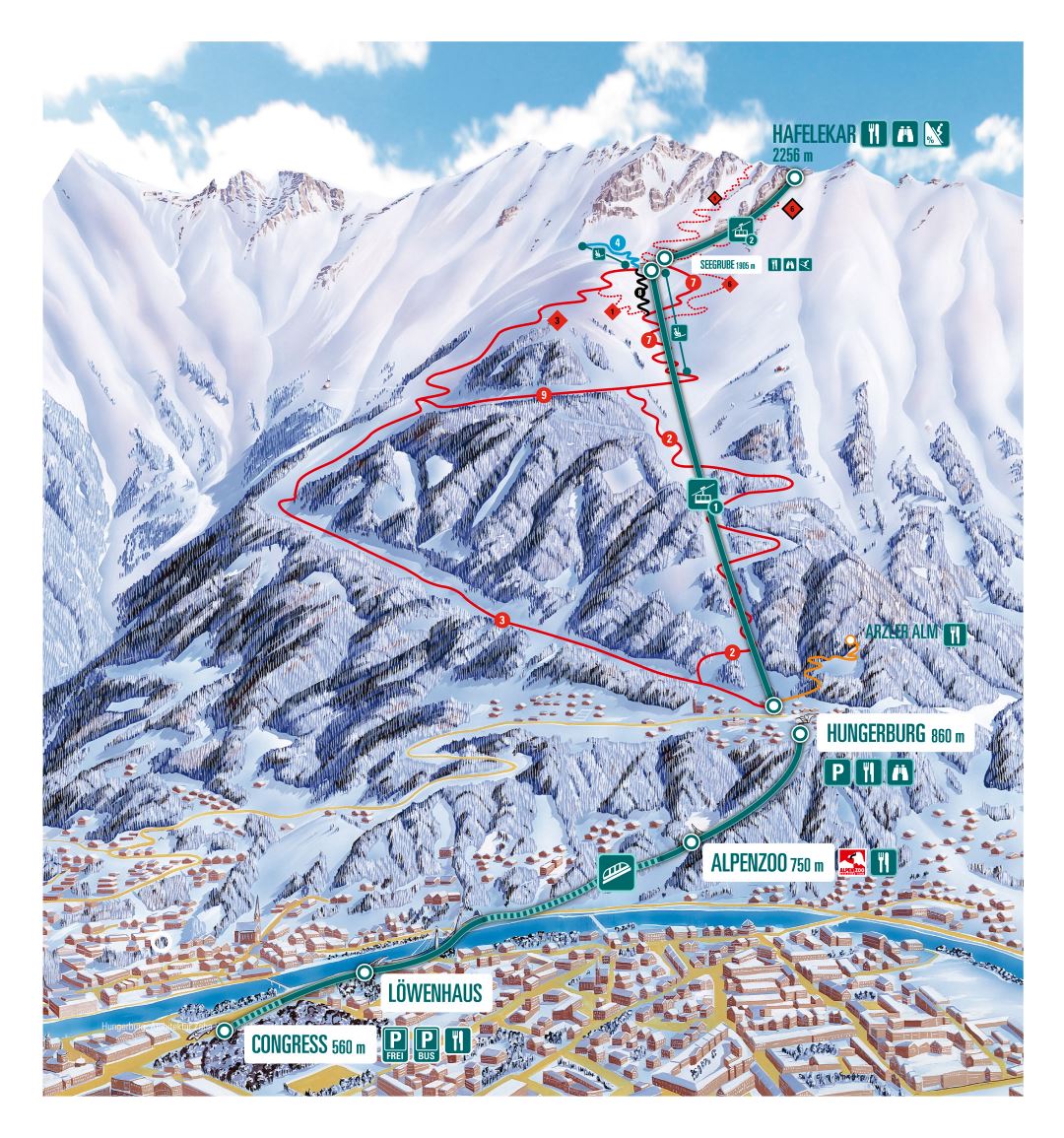 Large detailed piste map of Nordpark Seegrube, Innsbruck Ski Resort
