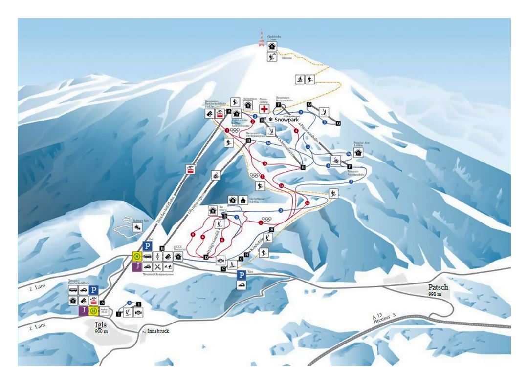 Large detailed piste map of Patscherkofel, Innsbruck Ski Resort - 2017