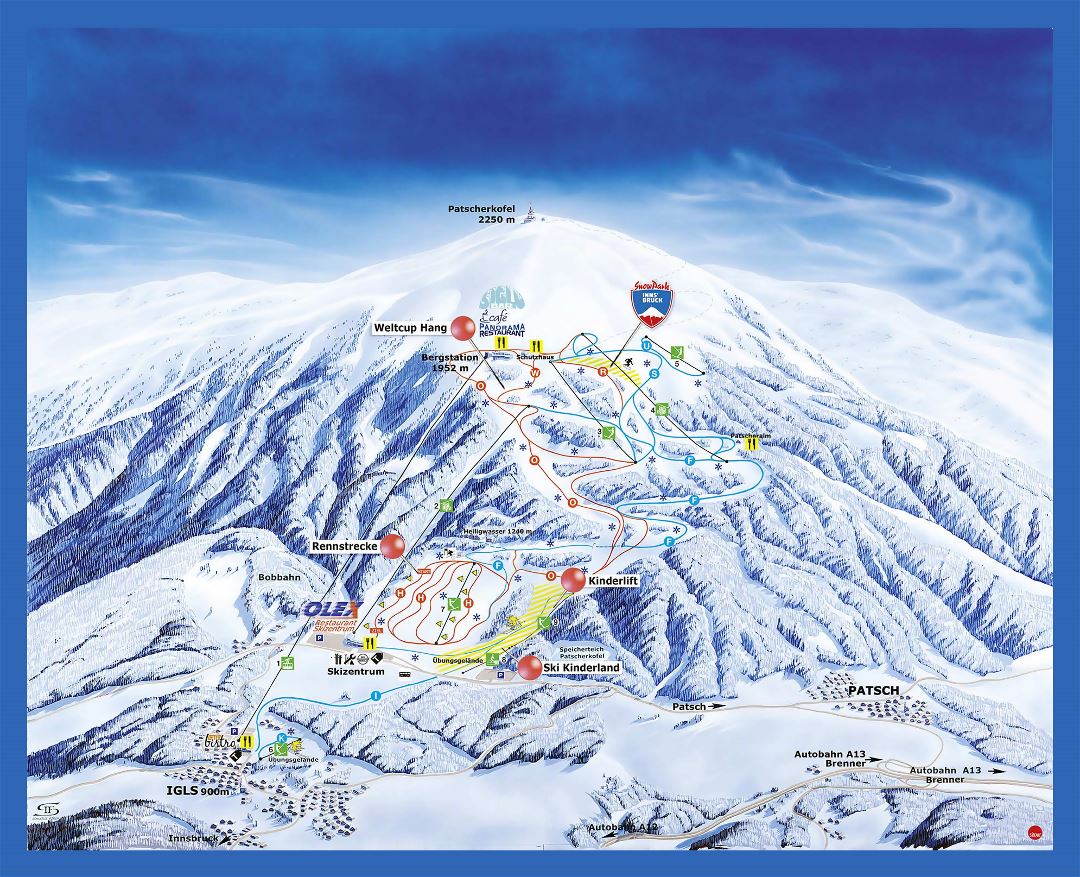 Large detailed piste map of Patscherkofel, Innsbruck Ski Resort