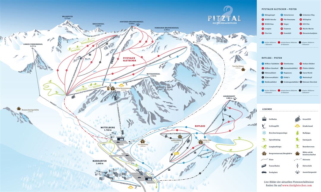 Large detailed piste map of Pitztal Glacier and Rifflsee Ski Resorts, Pitztal Ski Area - 2009