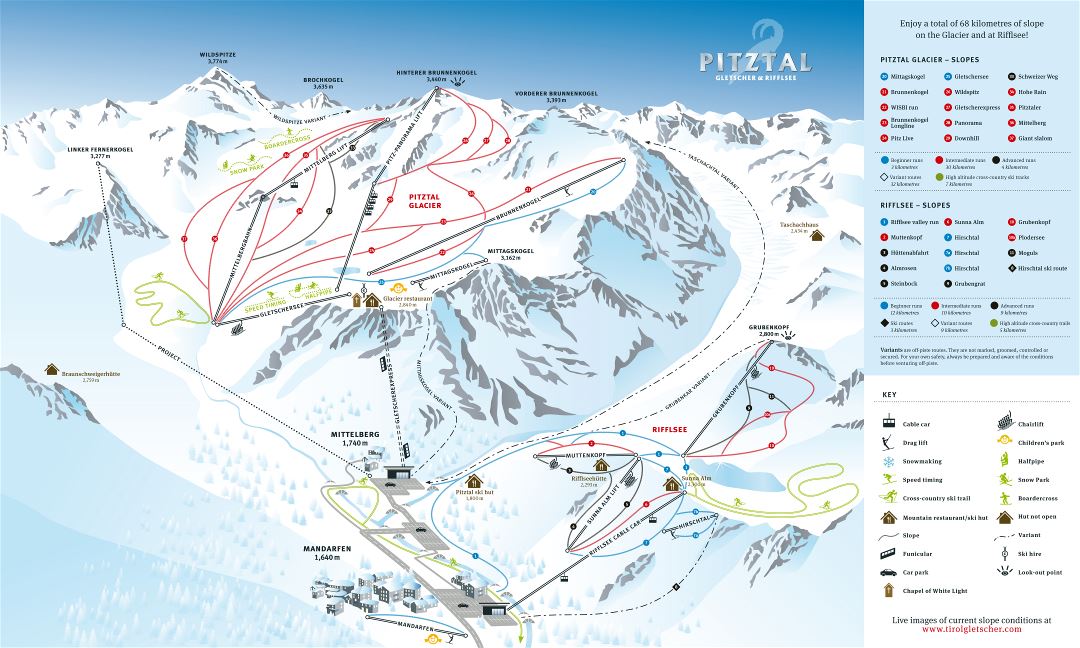 Large detailed piste map of Pitztal Glacier and Rifflsee Ski Resorts, Pitztal Ski Area - 2011