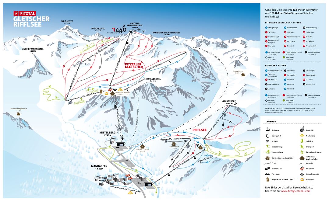 Large detailed piste map of Pitztal Glacier and Rifflsee Ski Resorts, Pitztal Ski Area - 2015