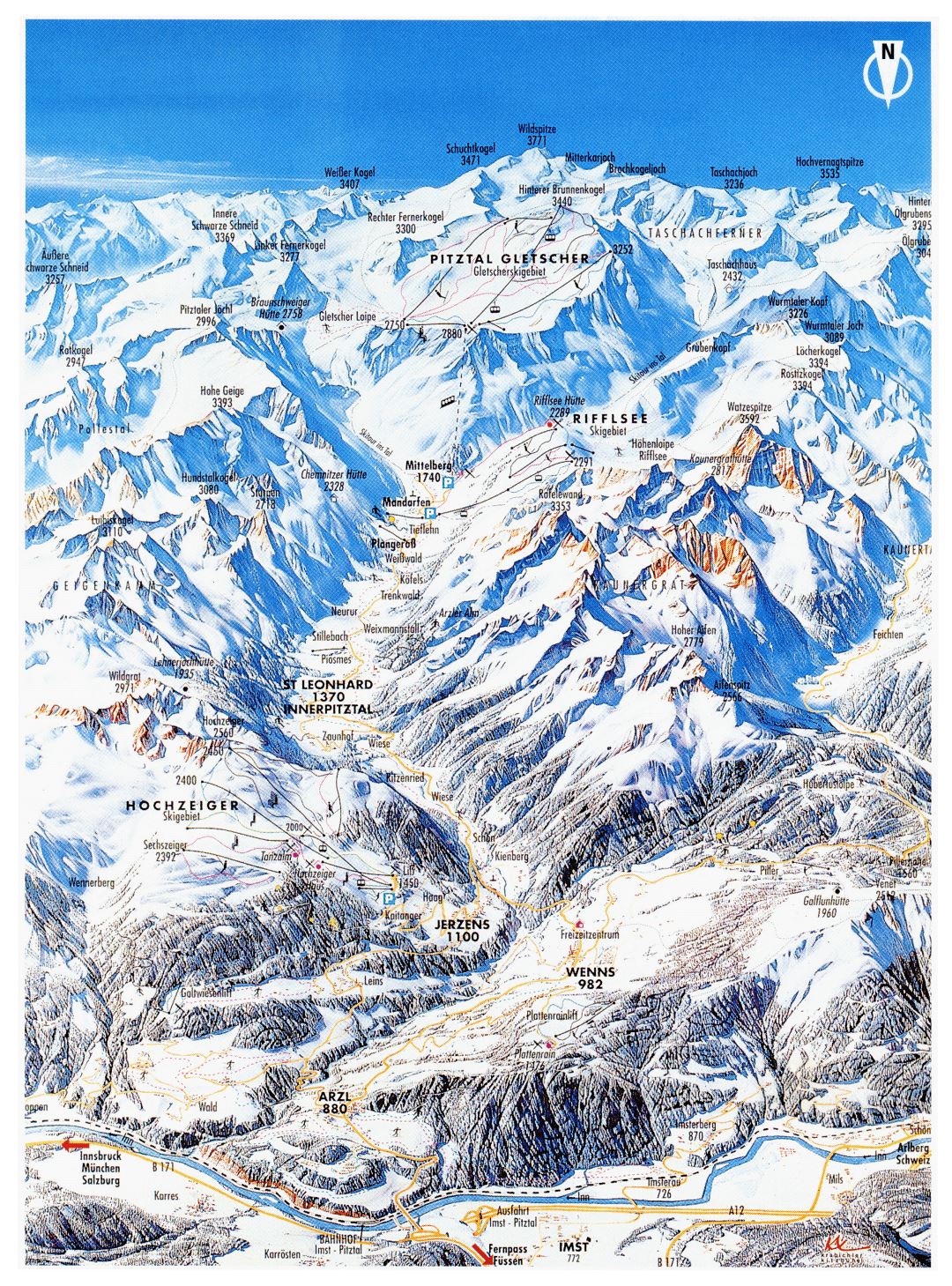 Large detailed piste map of Pitztal Ski Area - 1998