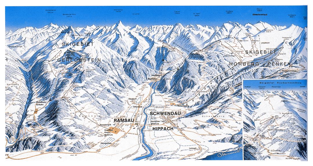 Large detailed piste map of Ramsau, Schwendau, Hippach ski area, Zillertal Valley - 1998