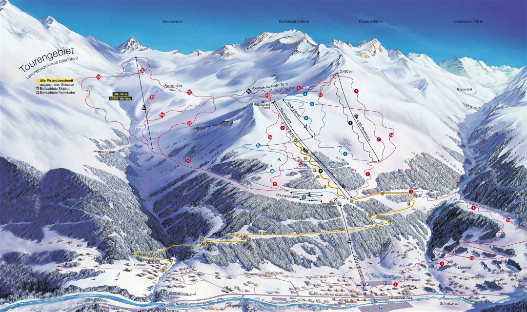 Large detailed piste map of See resort, Silvretta Arena Ski Region - 2017