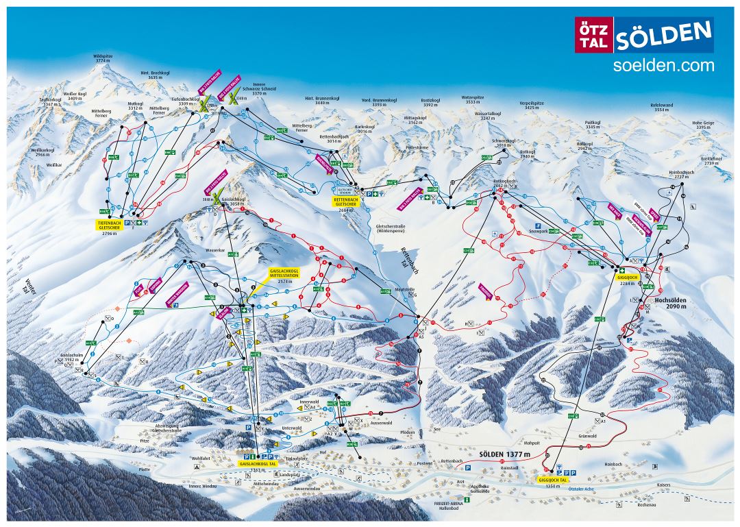 Large detailed piste map of Solden, Otztal Ski Resort - 2016