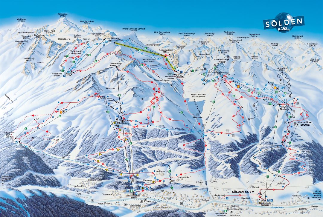 Large detailed piste map of Solden Ski Resort - 2003