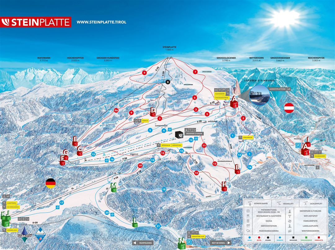 Large detailed piste map of Steinplatte Waidring Ski Resort - 2019
