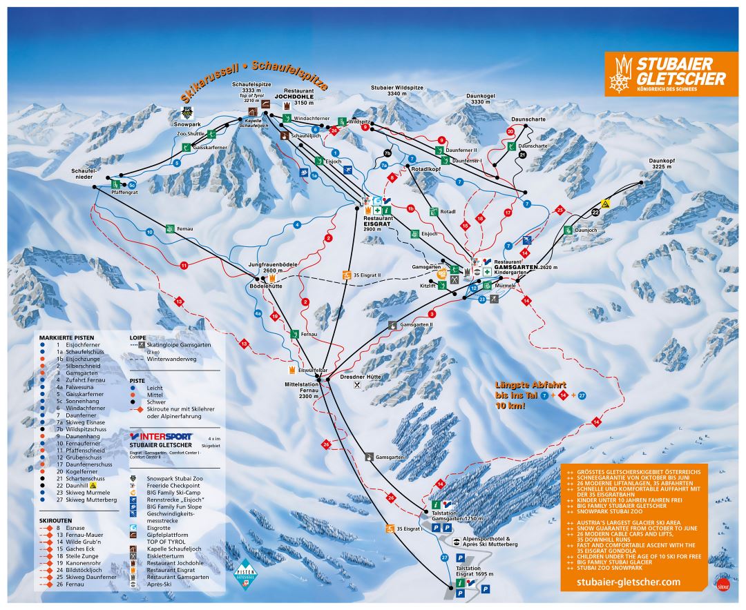 Large detailed piste map of Stubai Glacier, Innsbruck Ski Resort