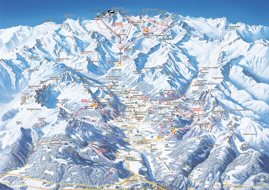 Large detailed piste map of Stubaital Ski Resort - 2014