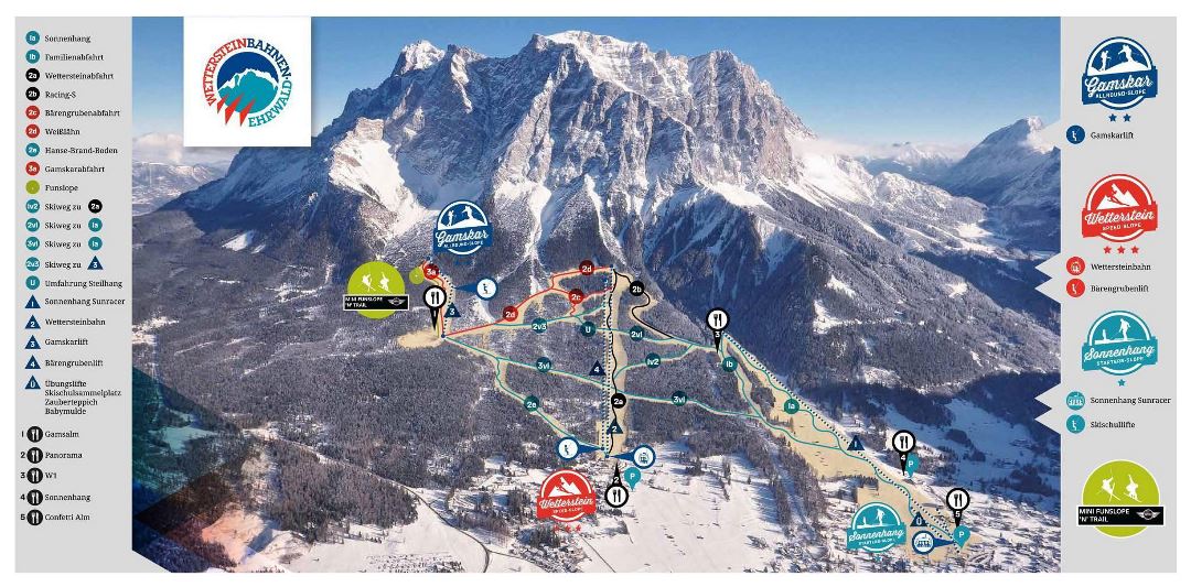 Large detailed piste map of Wetterstein, Zugspitz Arena Ski Resort