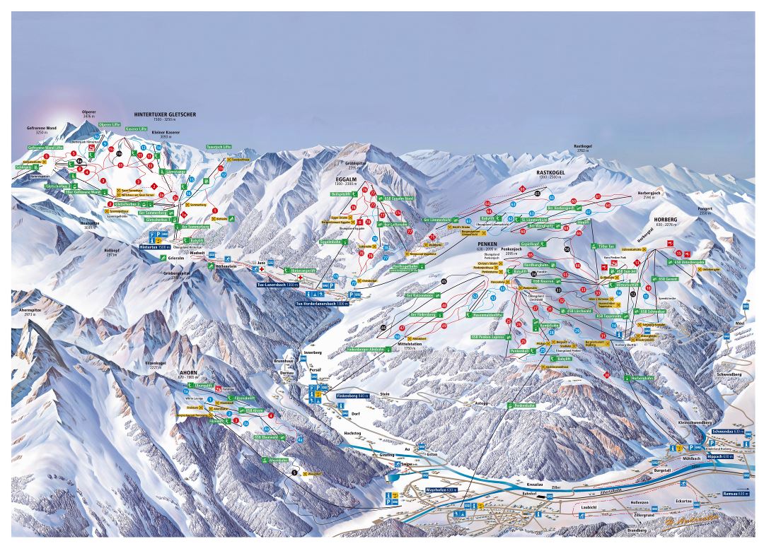 Large detailed piste map of Zillertal 3000 (Hintertux), Zillertal Ski Resort - 2014