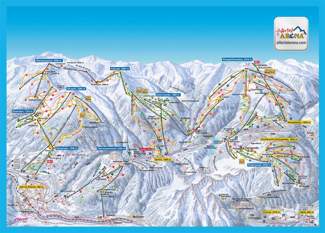 Large detailed piste map of Zillertal Arena ski area, Zillertal Ski Resort - 2015