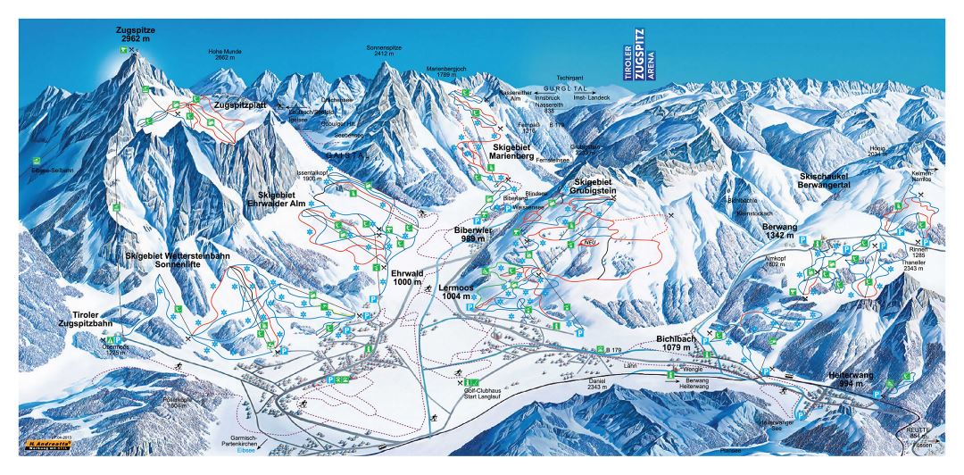 Large detailed piste map of Zugspitz Arena Ski Resort