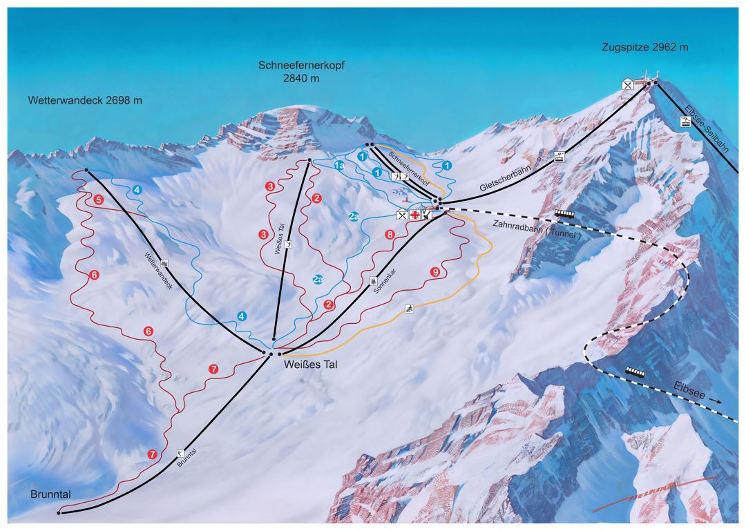 Large detailed piste map of Zugspitze, Schneefernerkopf, Wetterwandeck - Zugspitz Arena Ski Resort