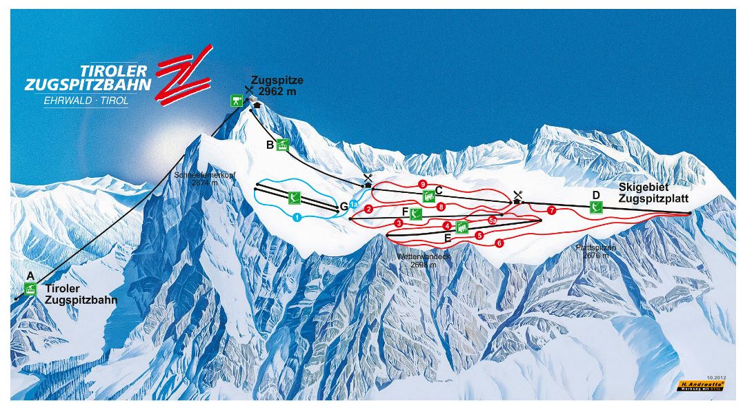 Large detailed piste map of Zugspitzplatt, Zugspitz Arena Ski Resort