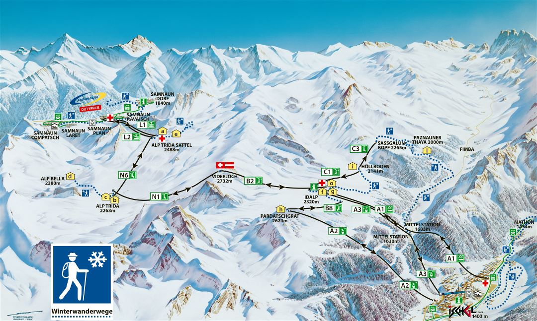 Large detailed winter hiking map of Ischgl and Samnaun resorts, Silvretta Arena Ski Region - 2011
