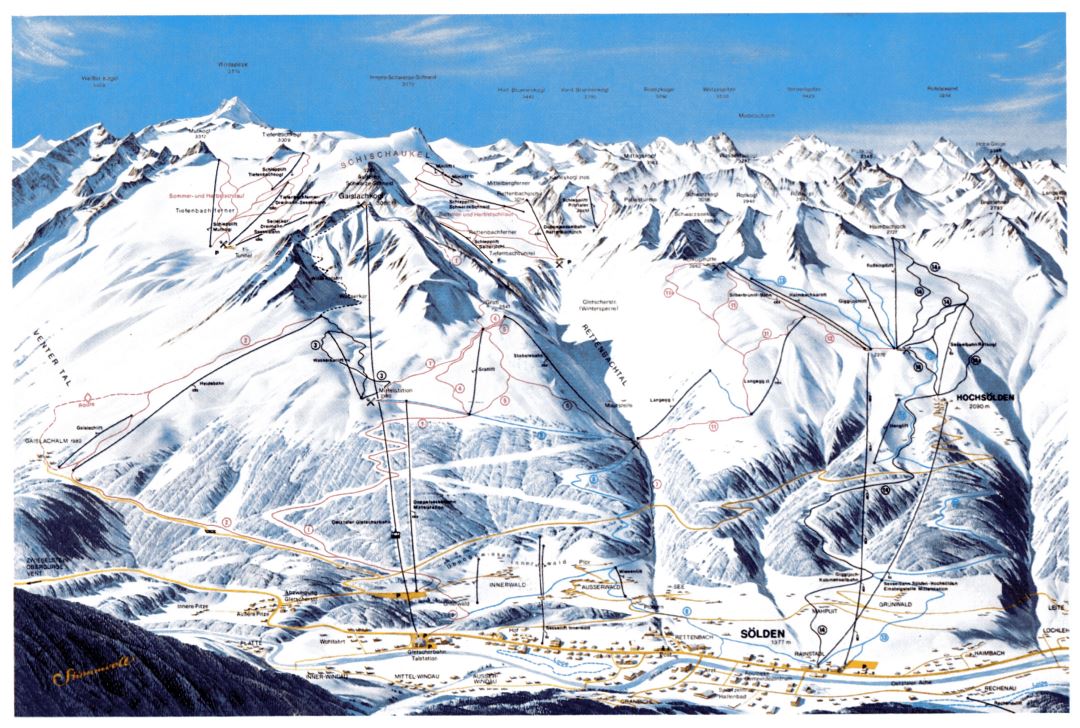 Large old piste map of Solden Ski Resort - 1983