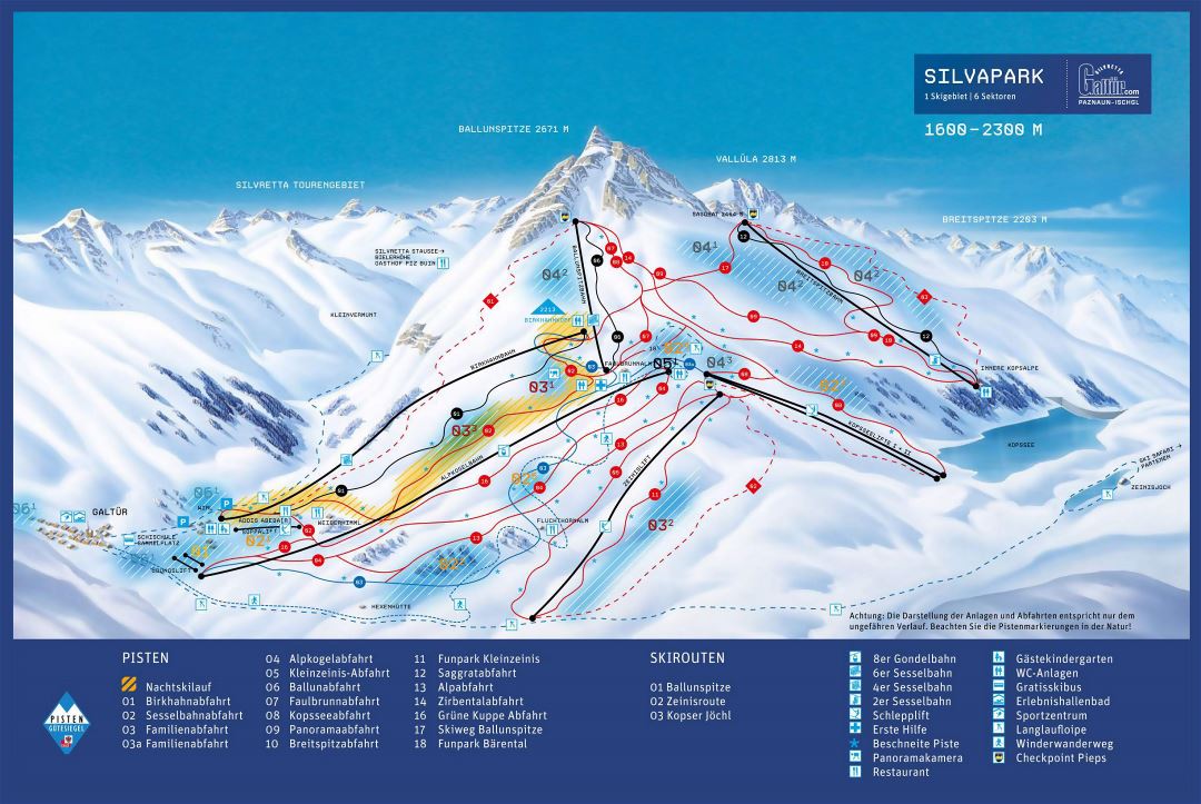 Large piste map of Galtur resort, Silvretta Arena Ski Region - 2013