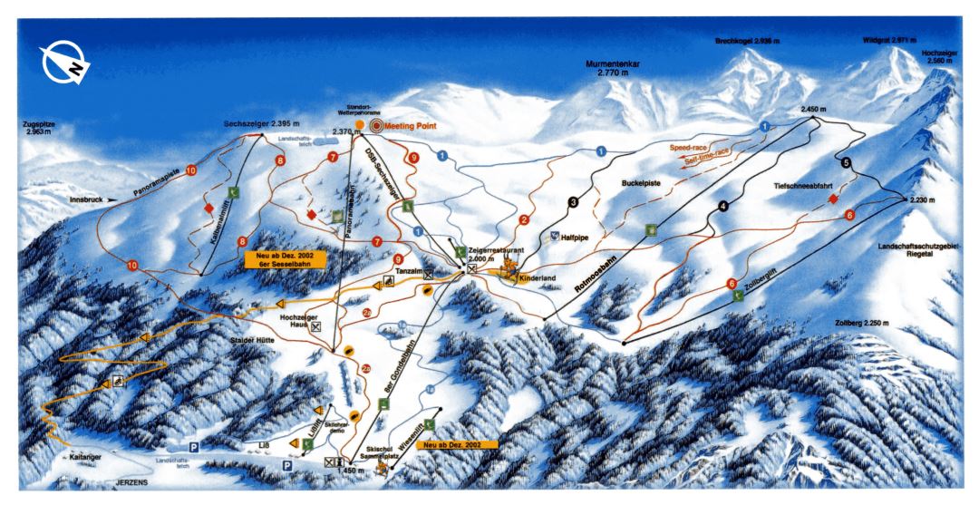 Large piste map of HochZeiger, Pitztal Ski Area - 2002
