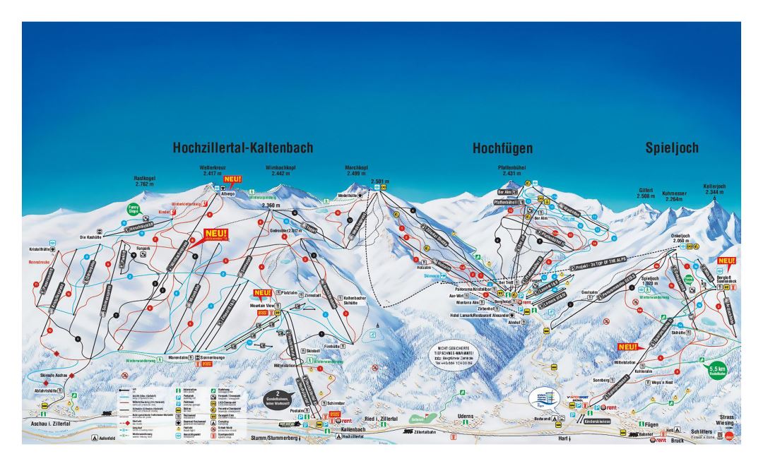 Large piste map of Hochzillertal-Kaltenbach, Hochfugen, Spieljoch - Zillertal Valley Ski Resort - 2019