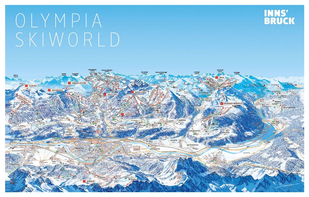 Large piste map of Innsbruck Ski Resort area - Olympia Skiworld