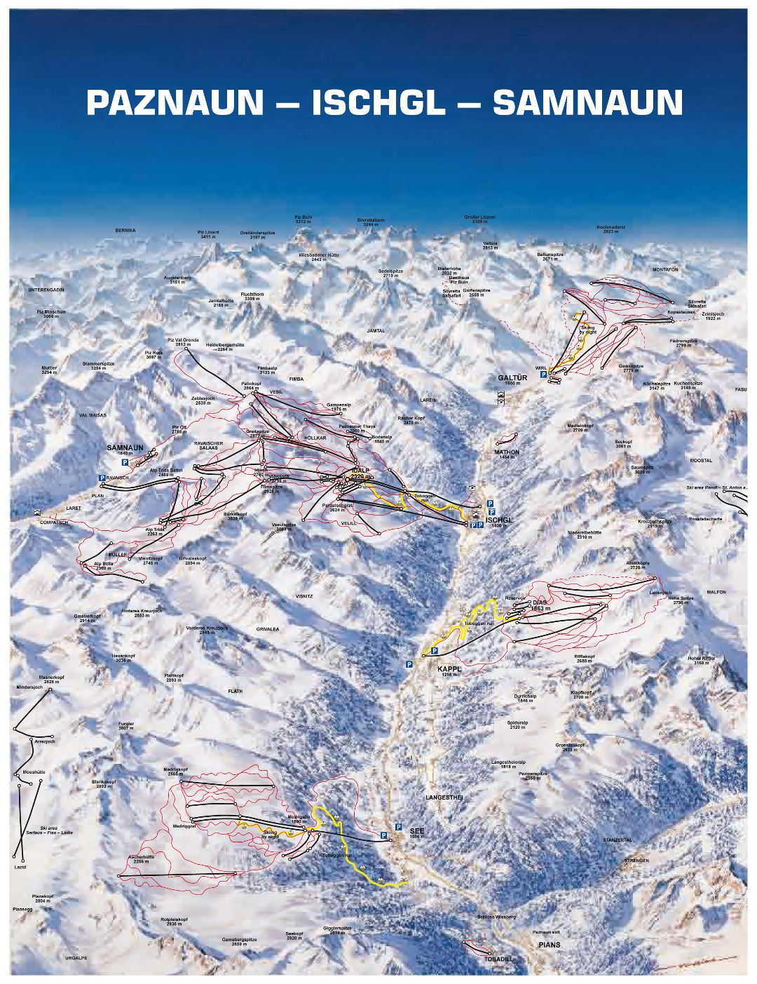 Large piste map of Paznaun, Ischgl and Samnaun resorts - 2017