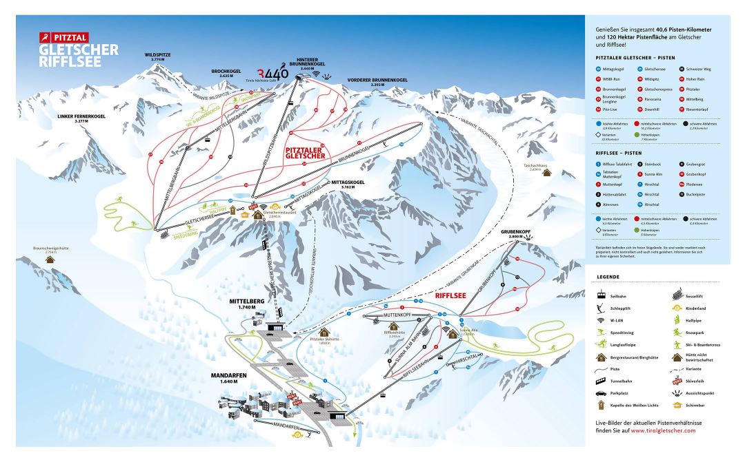 Large piste map of Pitztal Glacier and Rifflsee Ski Resorts, Pitztal Ski Area - 2016